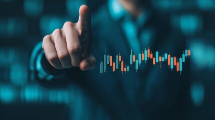 Poster - a businessman points at a digital stock chart, illustrating financial trends and data analysis in a 