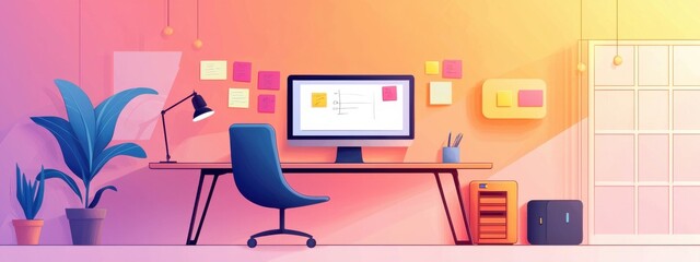 Poster - A computer desk with a blue chair and a computer monitor