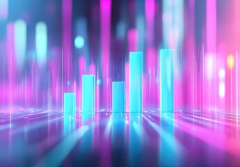 Poster - Abstract colorful data visualization with glowing bars and bright lines showcasing digital growth, finance progress, and futuristic technology in vibrant hues of pink and blue