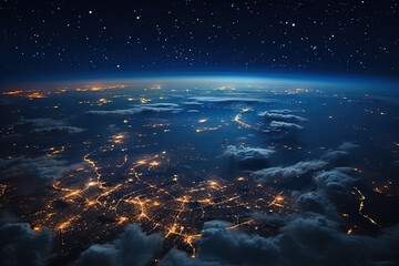 Wall Mural - Futuristic city aerial view at night. Structure of sci-fi metropolis with neon lights from the bird view