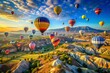 © Nopparat - Vibrant Colorful Hot Air Balloons Launching Against a Bright Blue Sky with Scenic Landscape Below, Ideal for Travel and Adventure Themes in Fashion Photography