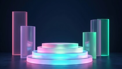 Poster - Illuminated glass neon pedestal with vibrant pastel colors on dark background