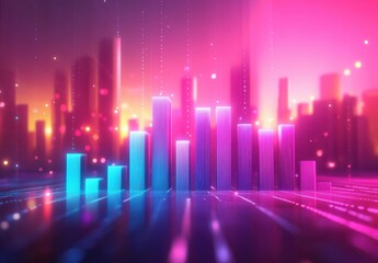 Poster - Vibrant Abstract Bar Chart with Neon Color Palette and Glowing Background Representing Data Visualization Concepts in a Futuristic Urban Environment