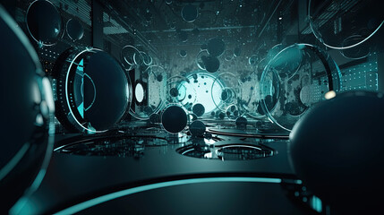 Poster - Technology abstract background with hud styled round interface elements in neon tech light.