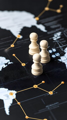 Poster - Strategic game planning with chess pieces on a world map business insight modern workspace focused perspective global strategy