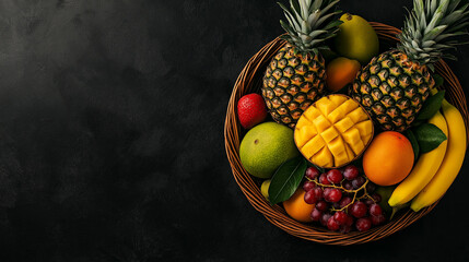 Aufkleber - Fresh tropical fruits in basket, including pineapples and mangoes