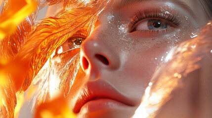 Poster - close-up of a woman surrounded by glowing flames with intricate facial details showcasing texture an