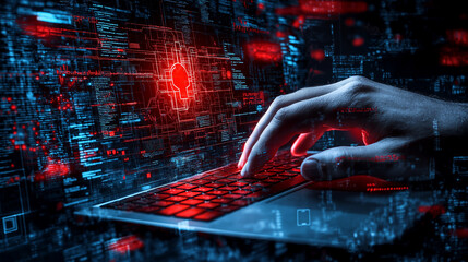 Fototapete - hacker hand typing on keyboard, surrounded by digital data