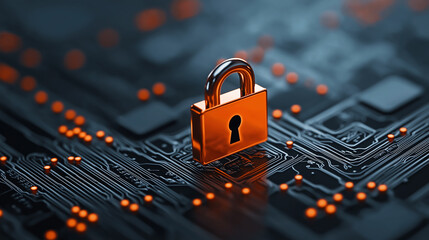Fototapete - secure system with orange padlock on digital circuit background