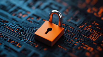 Aufkleber - close up of secure lock on digital circuit board, symbolizing safety