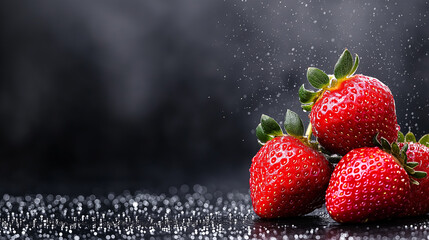 Poster - Fresh strawberries glistening with droplets on dark background