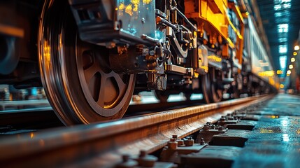 Poster - Close-up of train wheels on tracks in an industrial setting, highlighting machinery.