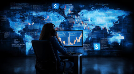 Fototapete - Cybersecurity analyst monitoring data on screen with graphs and maps