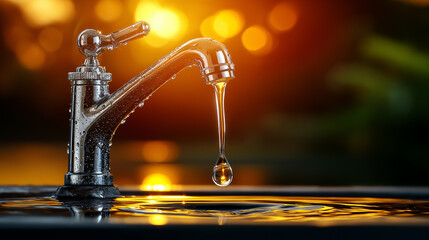 Aufkleber - dripping faucet with single droplet of water reflects sunlight