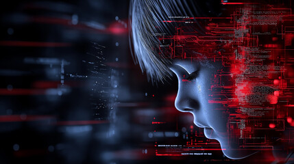 Aufkleber - futuristic depiction of child silhouette with digital elements