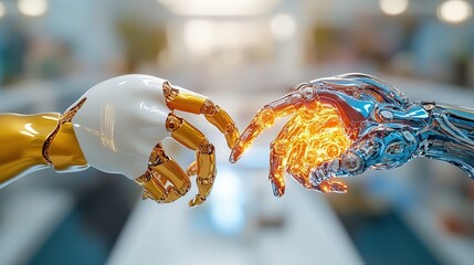 Poster - A close-up of two robotic hands reaching towards each other, symbolizing connection.