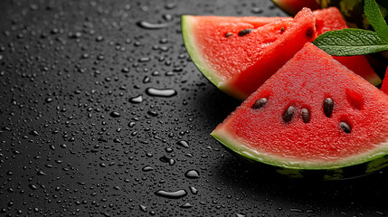 Poster - Fresh watermelon slices with droplets on dark surface
