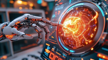 Poster - A robotic hand reaching towards a glowing digital brain interface.