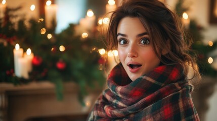 Surprised Woman in Cozy Holiday Setting