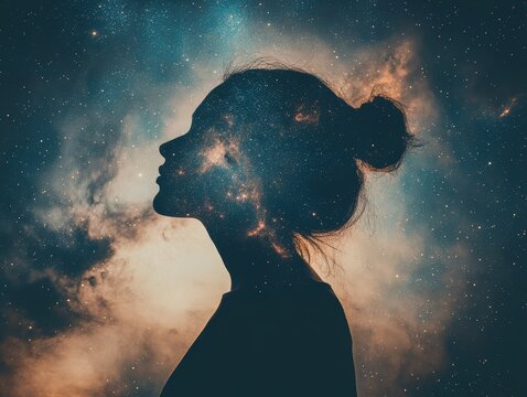 contemplative thinker in a galaxy abstract art cosmic environment profile view mindfulness journey