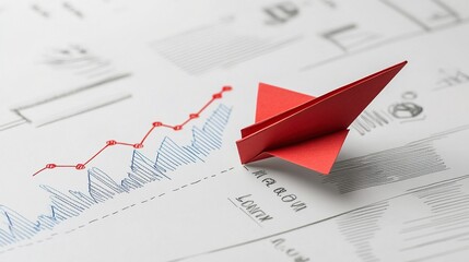 Poster - A red paper airplane on a financial report with graphs and data.