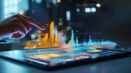 Poster - A hand interacts with a holographic data visualization on a tablet screen.