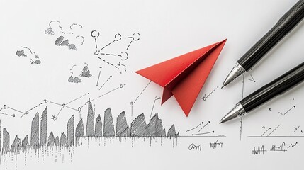 Poster - A red paper airplane rests on a sketch of a cityscape and charts.