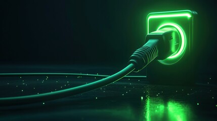 Poster - A glowing green power outlet with a plugged-in cable in a dark setting.