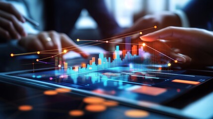 Poster - Digital analysis of financial data with graphs and hands interacting.