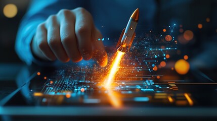 Aufkleber - A hand launching a digital rocket from a tablet, symbolizing innovation.