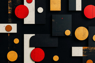 Poster - black and white abstract painting with red and yellow circles and squares. The painting is full of circles and squares, with some of the squares being larger than the circles