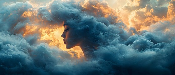 Poster - Ethereal Portrait of a Woman's Silhouette Emerging from Dreamlike Clouds Against a Stunning Sunset Skyline, Symbolizing Inner Peace and Serenity