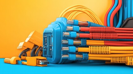 Poster - A colorful arrangement of various cables and connectors on a vibrant background.