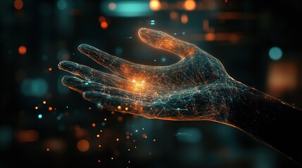 Poster - A digital hand emanating light and particles, symbolizing technology and innovation.