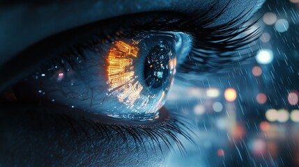 Poster - A close-up of an eye reflecting a futuristic cityscape in vibrant colors.