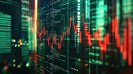 Poster - Digital financial data visualization with graphs and code elements.