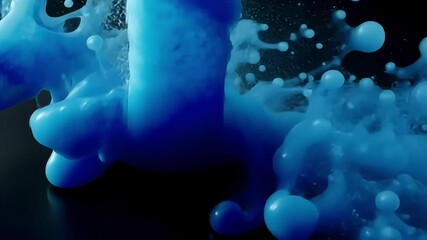 Poster - Blue liquid is splashing on a black surface, creating bubbles and splashes. Film overlay effect, motion elements, video effects