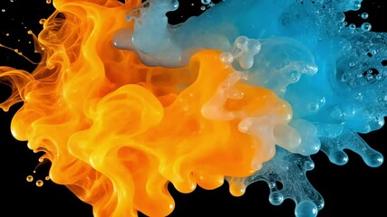 Poster - Orange and blue liquids are mixing together on a black background. Film overlay effect, motion elements, video effects