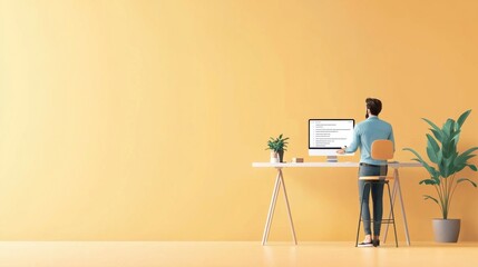 Wall Mural - A man is sitting at a desk with a computer monitor in front of him