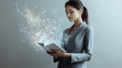 Aufkleber - A woman in a tailored gray suit stands confidently, holding an open booklet. Dynamic 3D graphs and analytical data rise from the booklet, glowing softly. The background is a plain, solid white studio