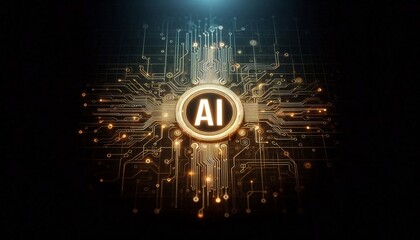 Poster - Futuristic Circuit Board With Glowing AI Symbol