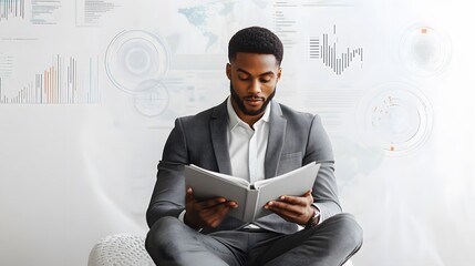 Aufkleber - A man in a classic gray suit sits cross-legged, holding an open booklet as detailed 3D charts hover above. The background is a plain, solid white studio backdrop