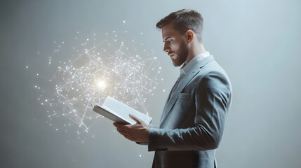 Aufkleber - A man in a tailored light gray suit gazes at a booklet in his hands, glowing 3D graphs hovering softly above. The background is a plain, solid white studio backdrop