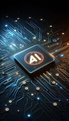 Poster - Futuristic Circuit Board With Glowing AI Symbol