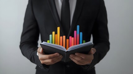 Aufkleber - A man in a tailored black suit holds an open booklet with colorful 3D trend graphs hovering softly. The background is a plain, solid white studio backdrop