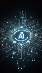 Poster - Futuristic Circuit Board With Glowing AI Symbol