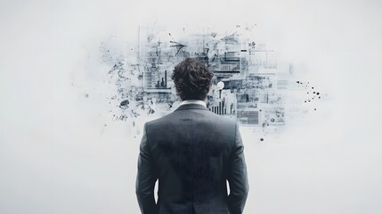 Aufkleber - A man in a fitted gray suit presents detailed 3D financial projections emerging from a whiteboard. The background is a plain, solid white studio backdrop