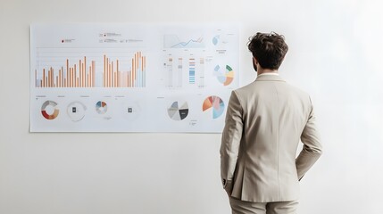 Aufkleber - A man in a crisp beige suit stands confidently beside a whiteboard displaying dynamic 3D data analytics. The background is a plain, solid white studio backdrop