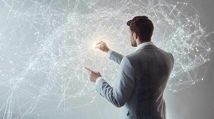 Aufkleber - A man in a light gray suit writes on a whiteboard, observing glowing 3D trend lines floating above the surface. The background is a plain, solid white studio backdrop