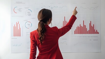 Aufkleber - A woman in a tailored red blazer stands near a whiteboard, pointing at detailed 3D trend graphs emerging dynamically. The background is a plain, solid white studio backdrop